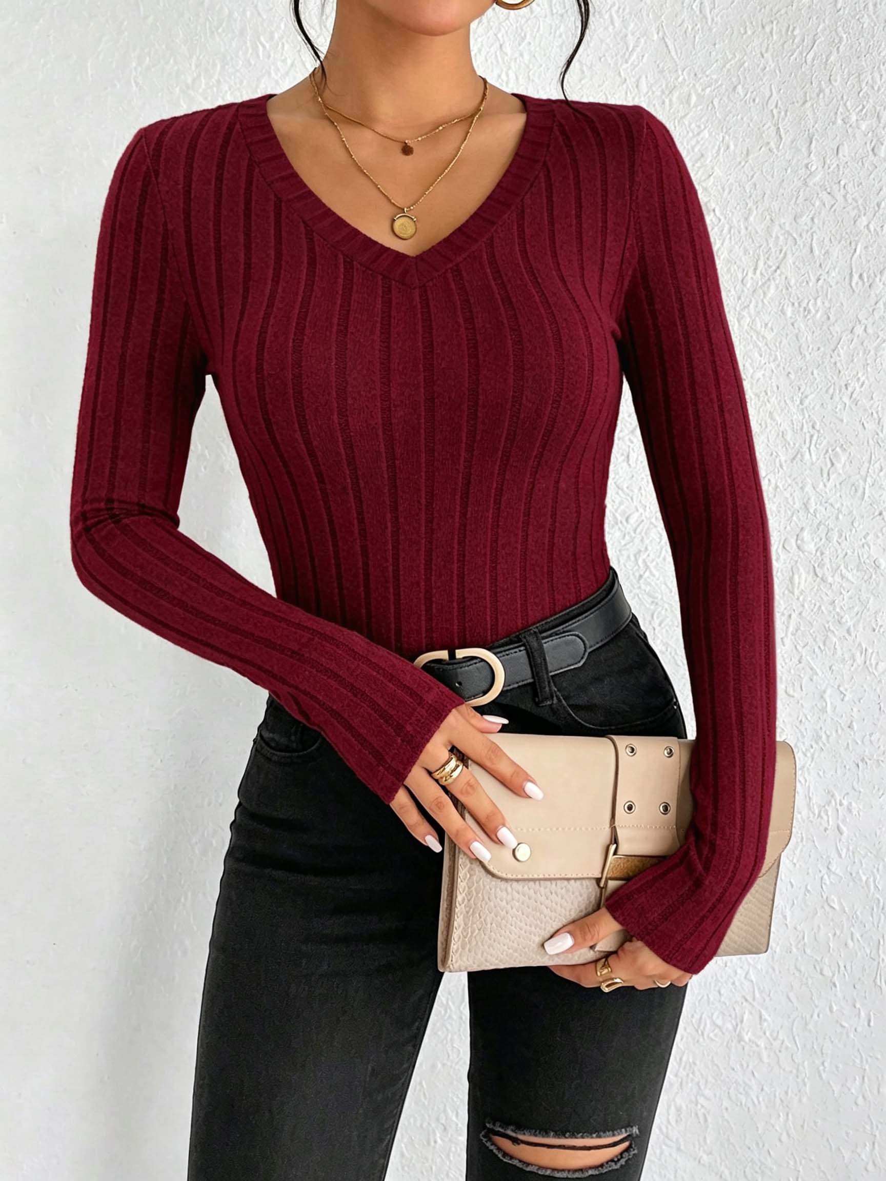 Women Solid V‑Neck Ribbed Knit - Winter Clothing For Women 评论和价格